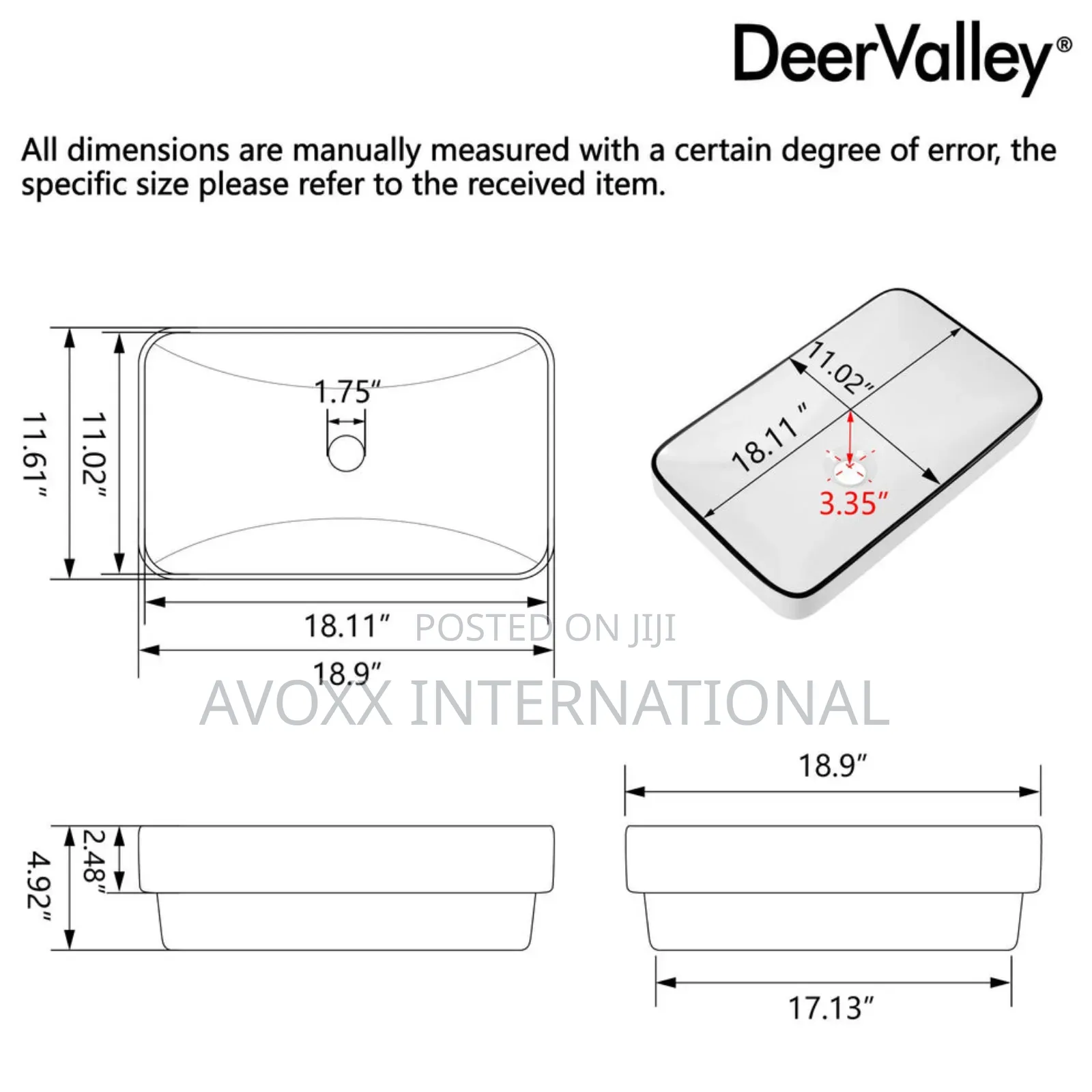 ALLY 12" Rectangular Drop-in Bathroom Sink ,Ceramic