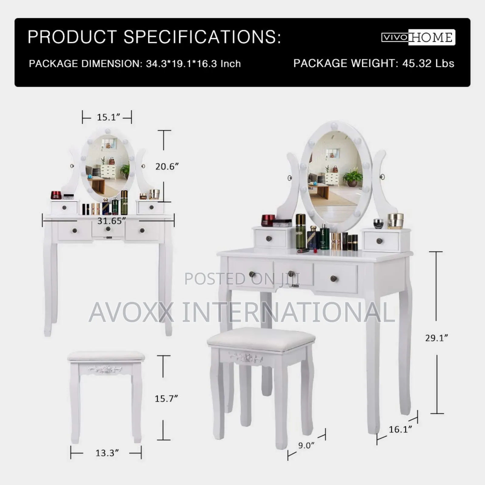 VIVOHOME Makeup Vanity Set W/Led Bulbs,Dressing Table,Stool