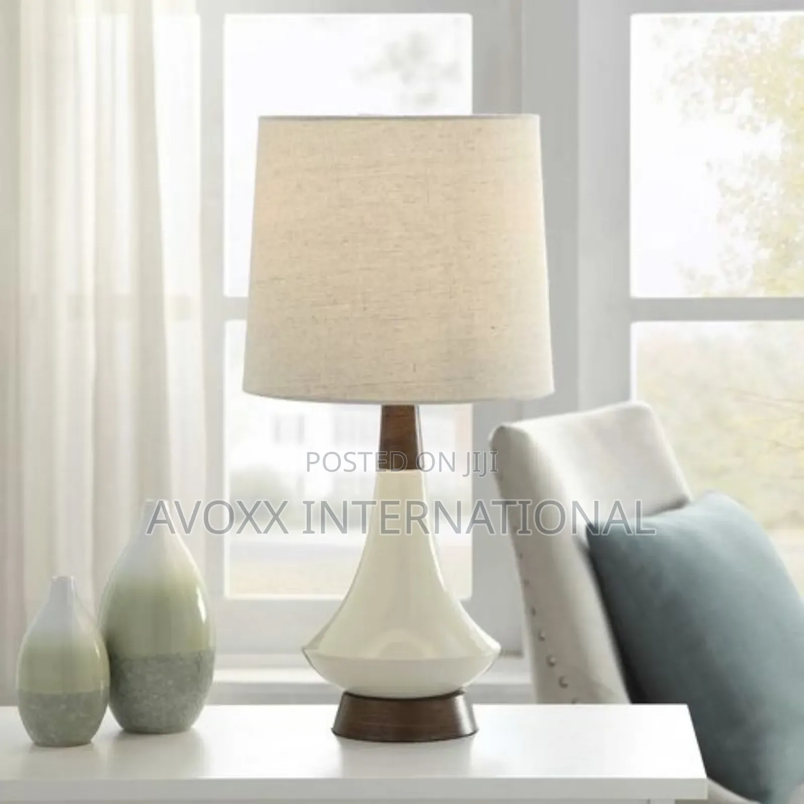 Signature 19 Inch White Washed Wood and Cream Table Lamp