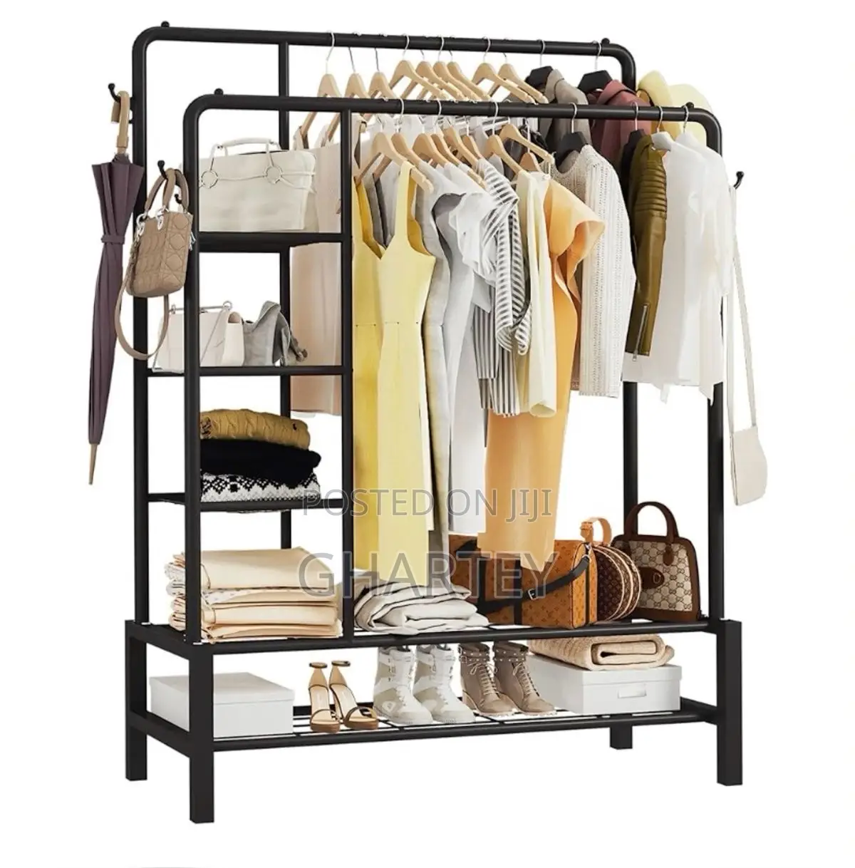 Clothes Metal Hanging Rack With Shelf - Black