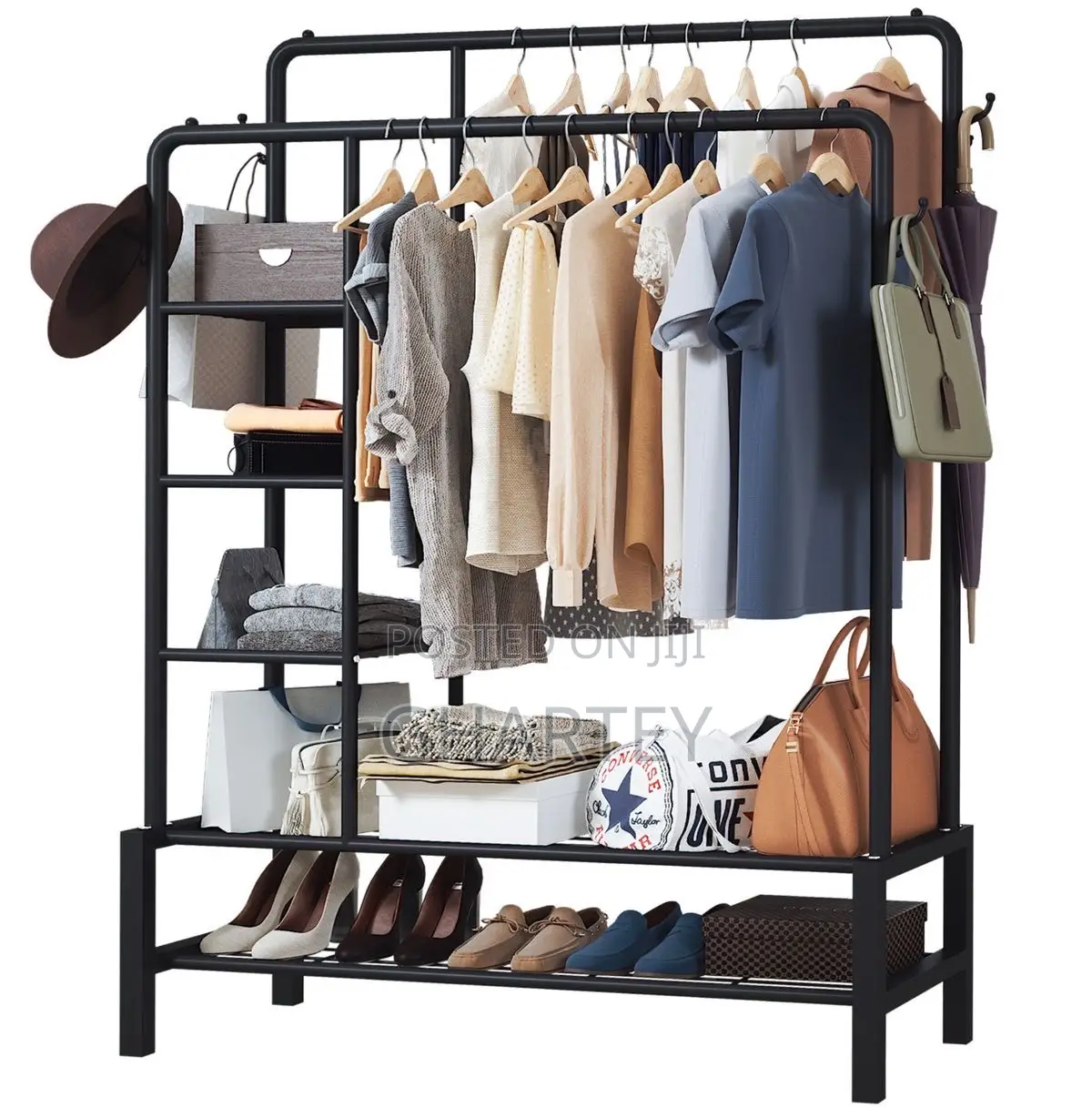 Clothes Metal Hanging Rack With Shelf - Black