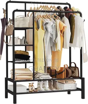 Clothes Metal Hanging Rack With Shelf - Black