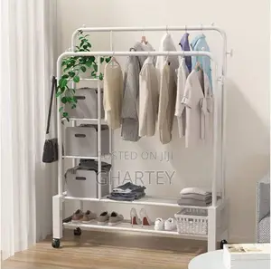 Metal Clothes Hanging Rack With Shelfs - White