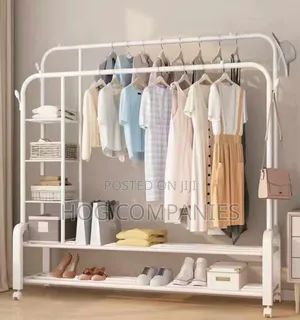 Double Metal Hanger Trolley Shelves Clothing Wardrobe Rack