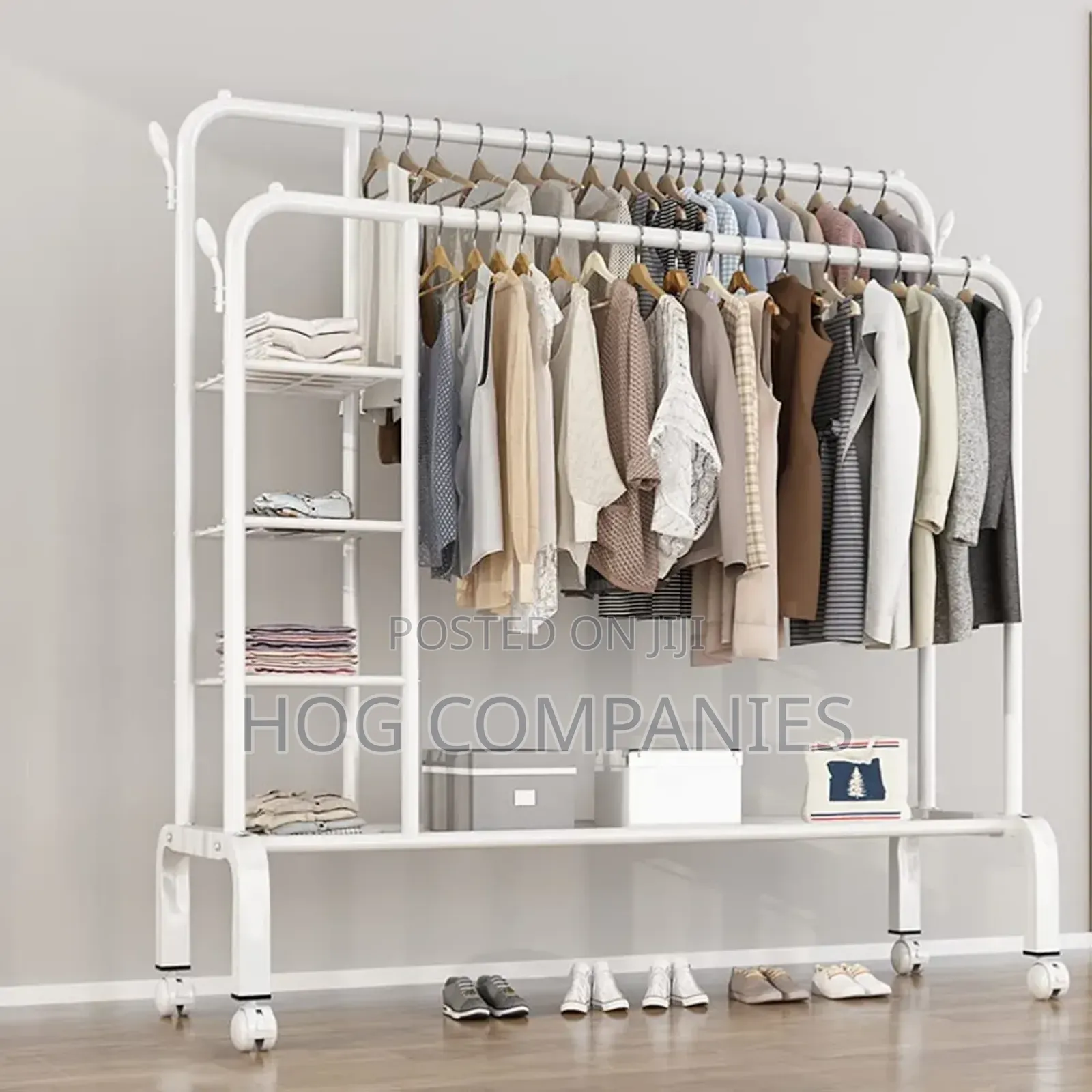 Double Metal Hanger Trolley Shelves Clothing Wardrobe Rack