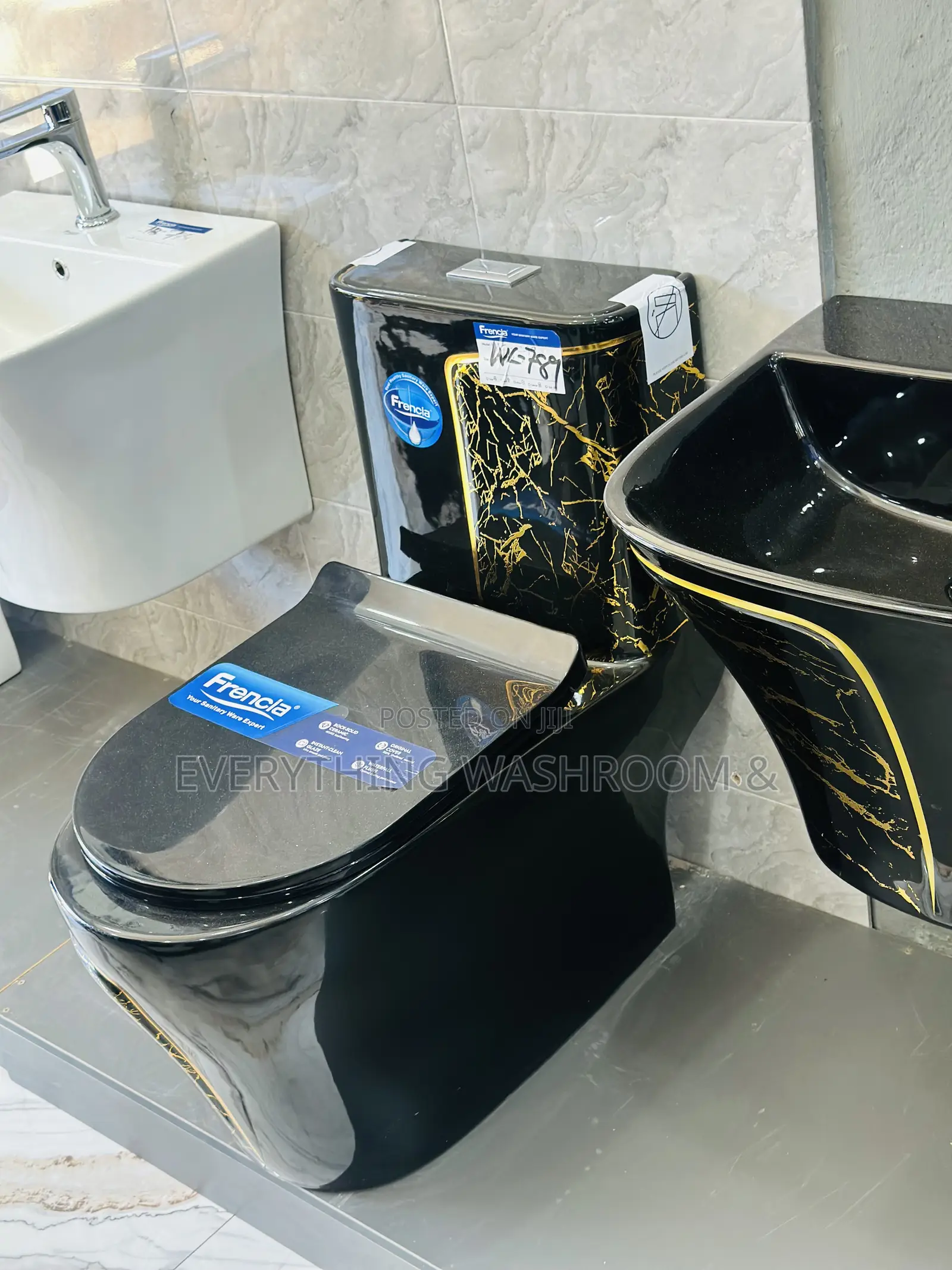 One Piece Water Closet_ Black and Gold Wc and Hanging Basin