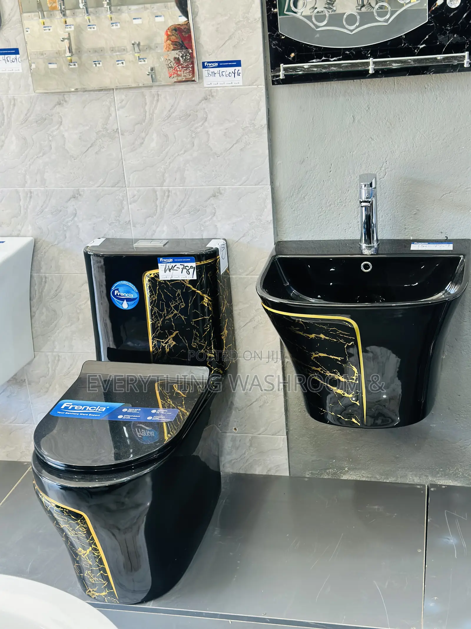 One Piece Water Closet_ Black and Gold Wc and Hanging Basin