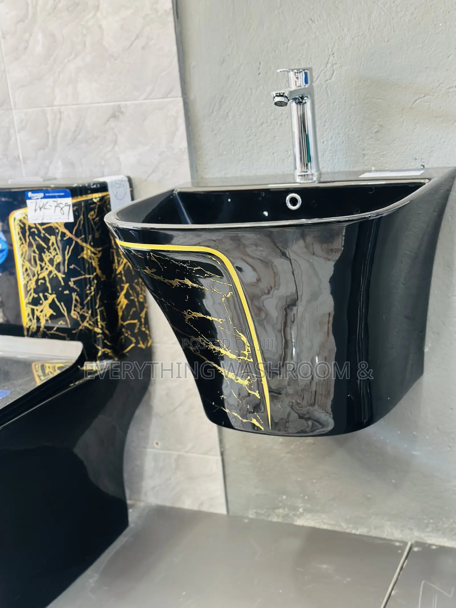One Piece Water Closet_ Black and Gold Wc and Hanging Basin