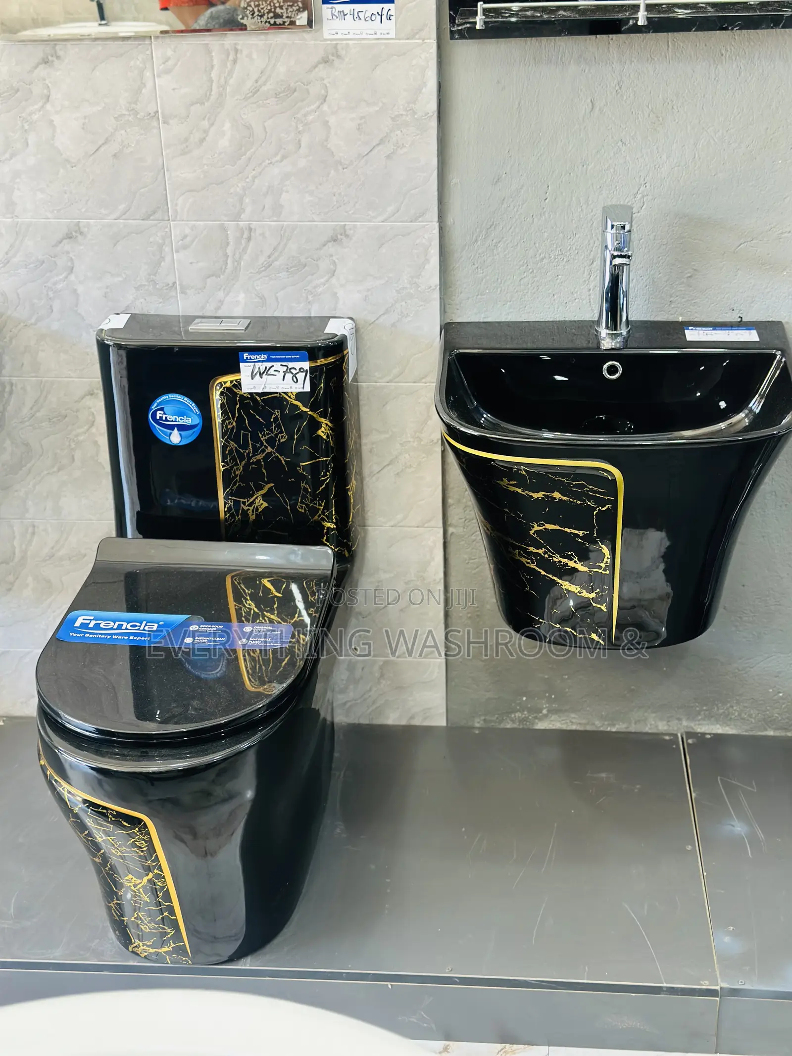 One Piece Water Closet_ Black and Gold Wc and Hanging Basin