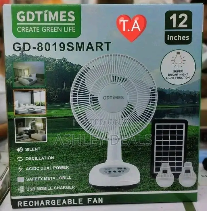 GDTIMES 12 Inch Solar Rechargeable Fan With LED Light Kit