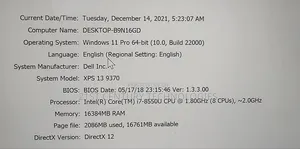 Laptop Dell XPS 13 9370 16GB Intel Core i7 SSD 512GB