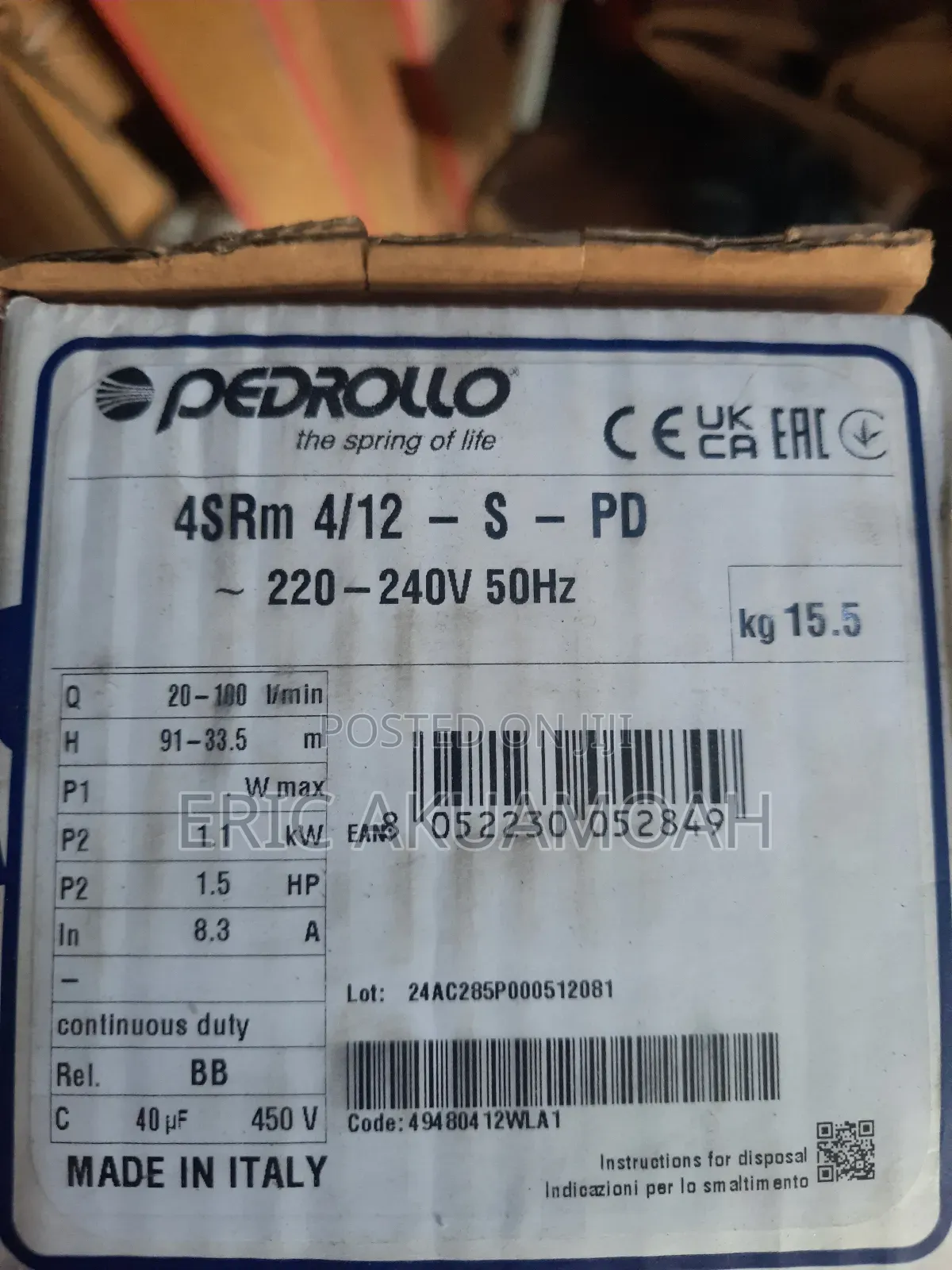 Pedrollo 1.5hp Bore Hole Pump