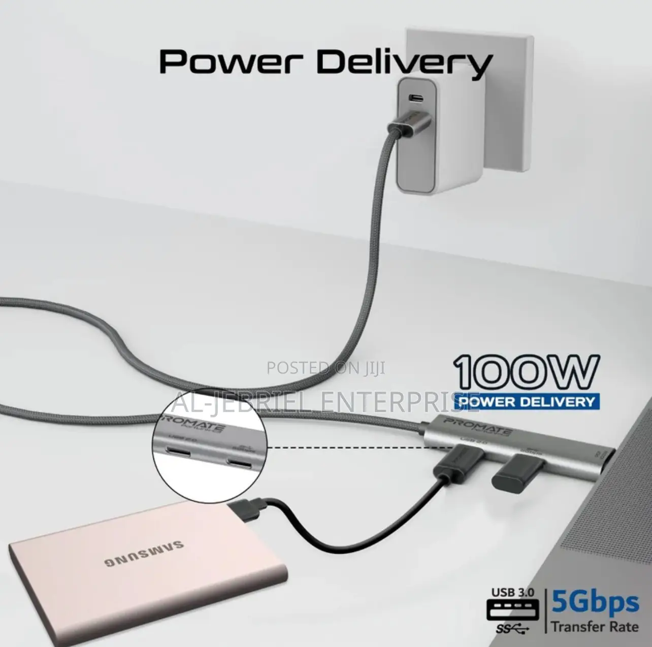 Promate Portlink-C3 100W PD USB-C to USB-C Data Charge Hub