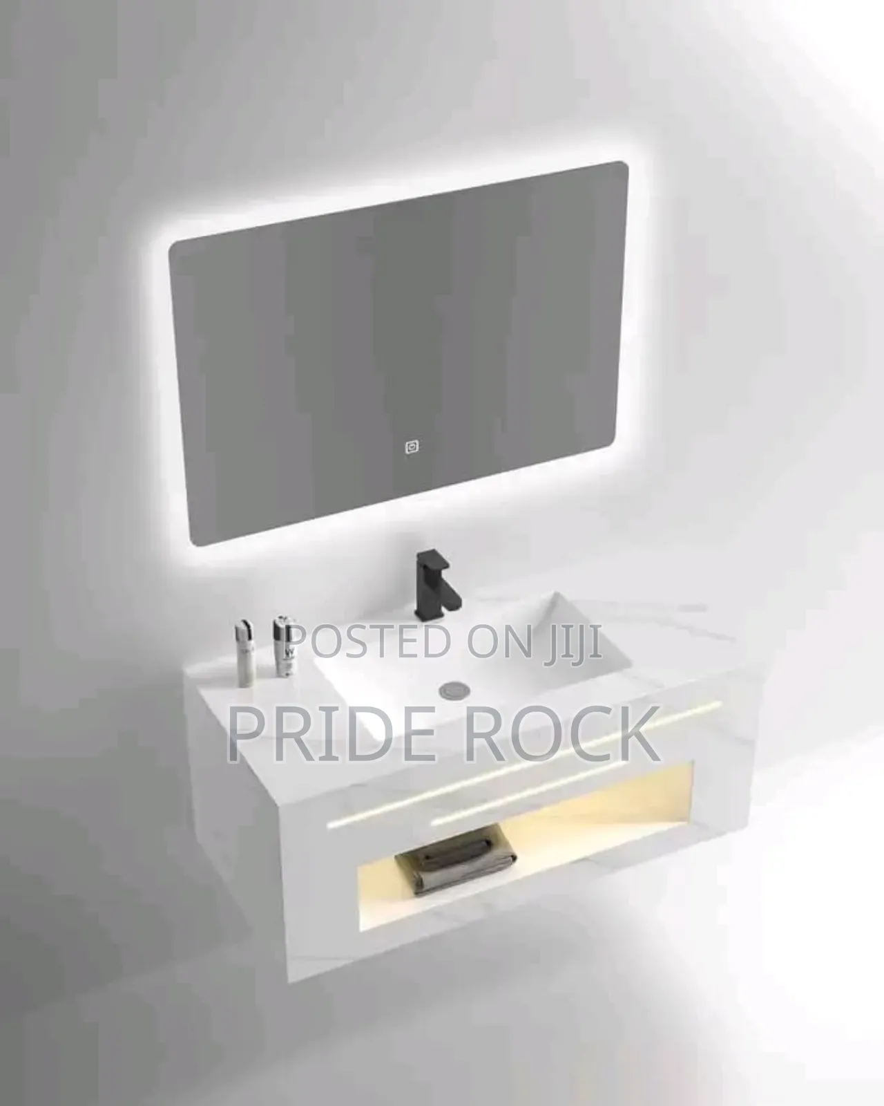 White Marble Cabinet Vanity Basin With Led Mirror Set