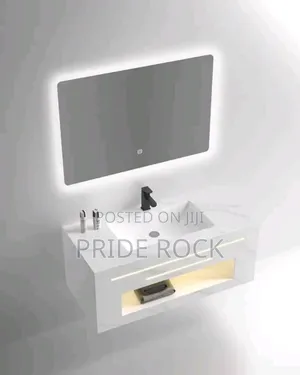 White Marble Cabinet Vanity Basin With Led Mirror Set