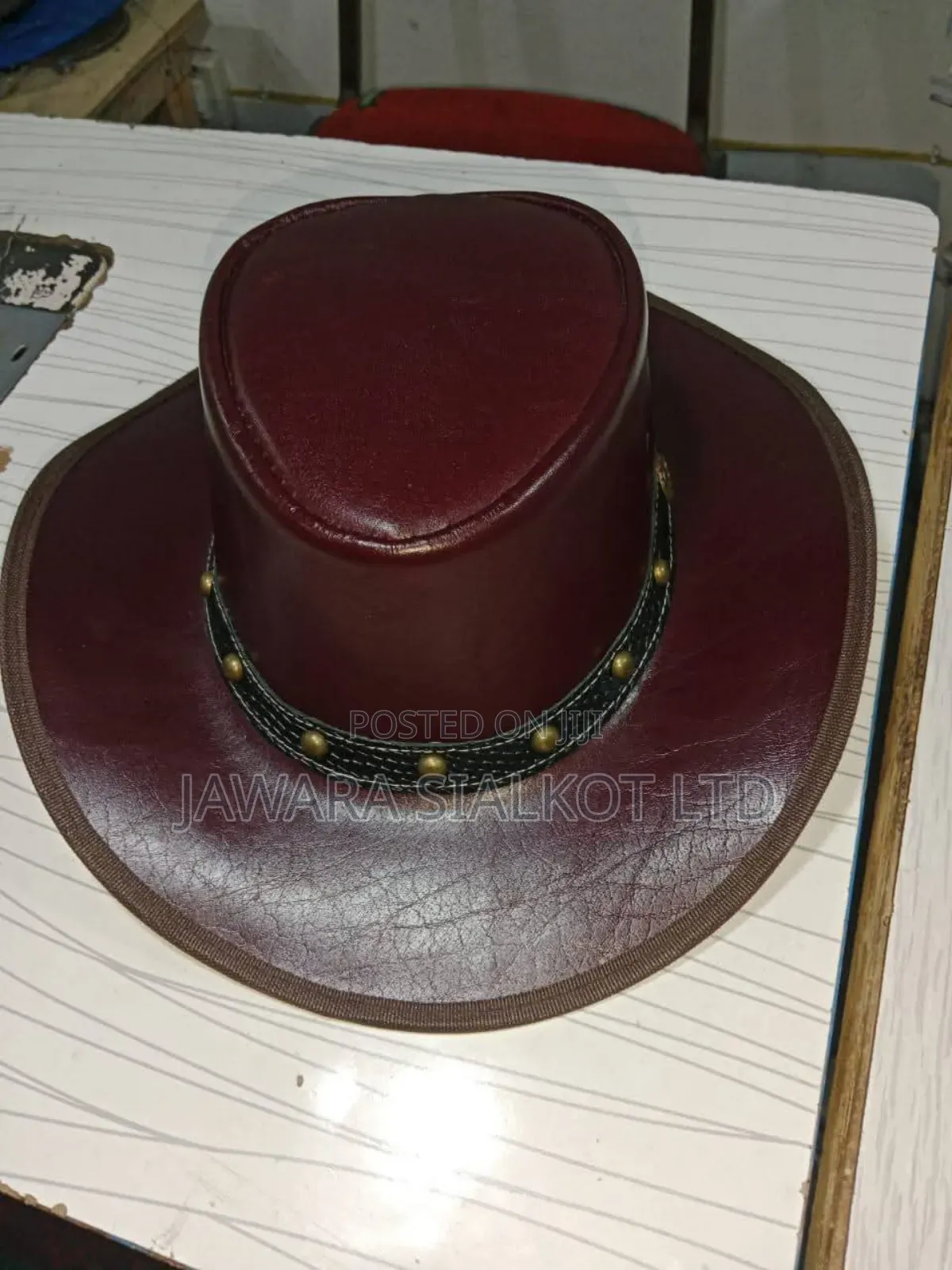 Rolled Brim Cowboy Leather Hat For Festival Gathering Adult Hand Made