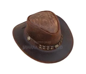 Rolled Brim Cowboy Leather Hat For Festival Gathering Adult Hand Made