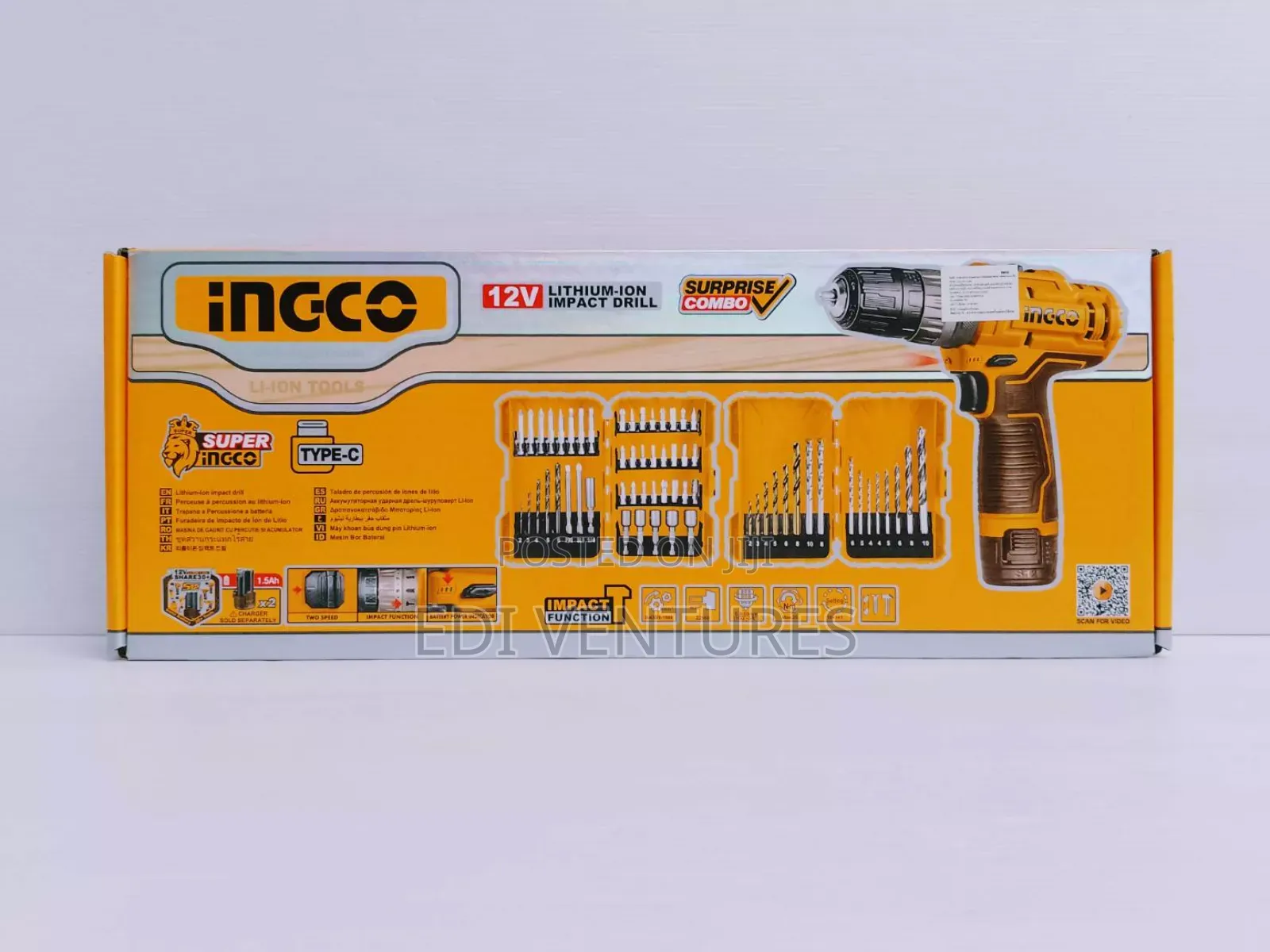 Ingco Cordless Drill 12v + 2 Batteries + Accessories