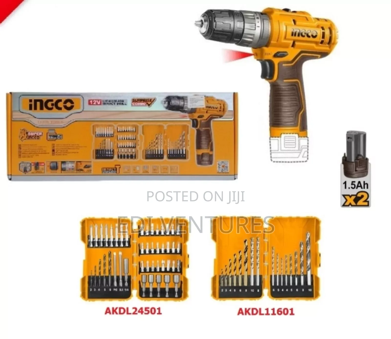 Ingco Cordless Drill 12v + 2 Batteries + Accessories