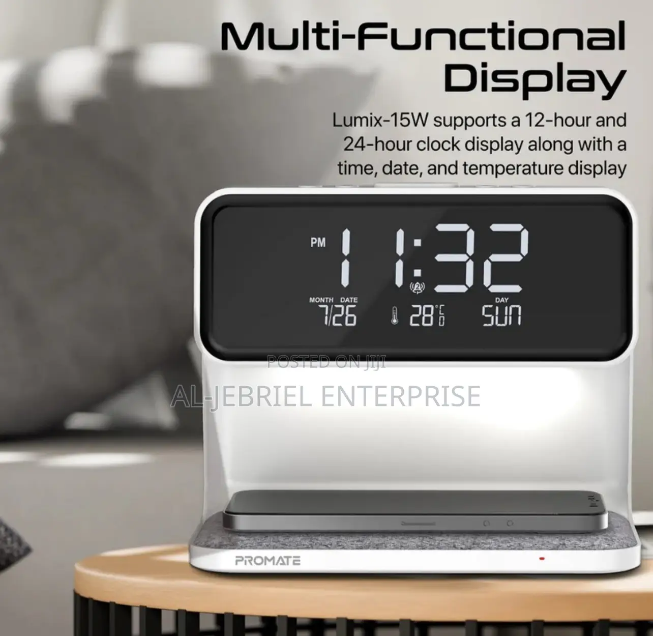 LUMIX-15W Promate Wireless Charger With Clock LED Light