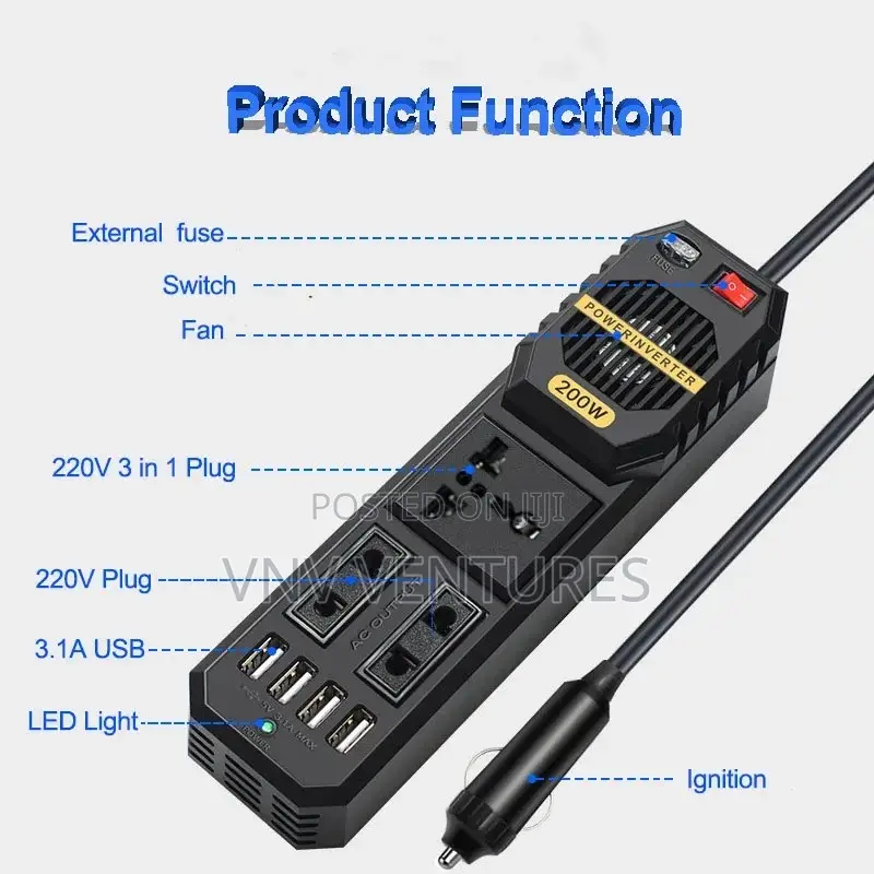 Car Power Inverter AC 12v to 220v - 200w