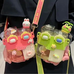 Cartoon Double Container Water Bottle With Straw