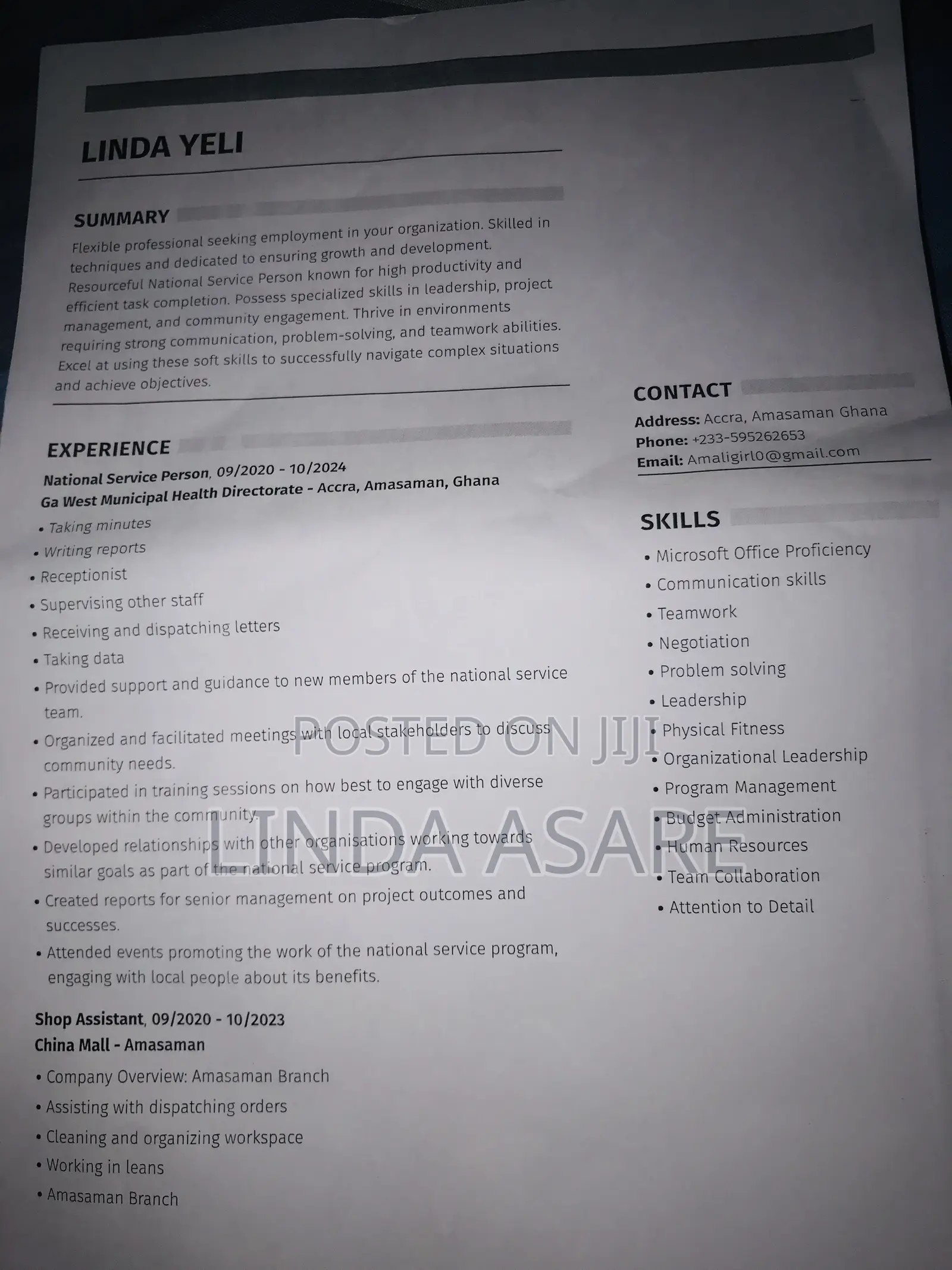 Receptionist CV in Achimota