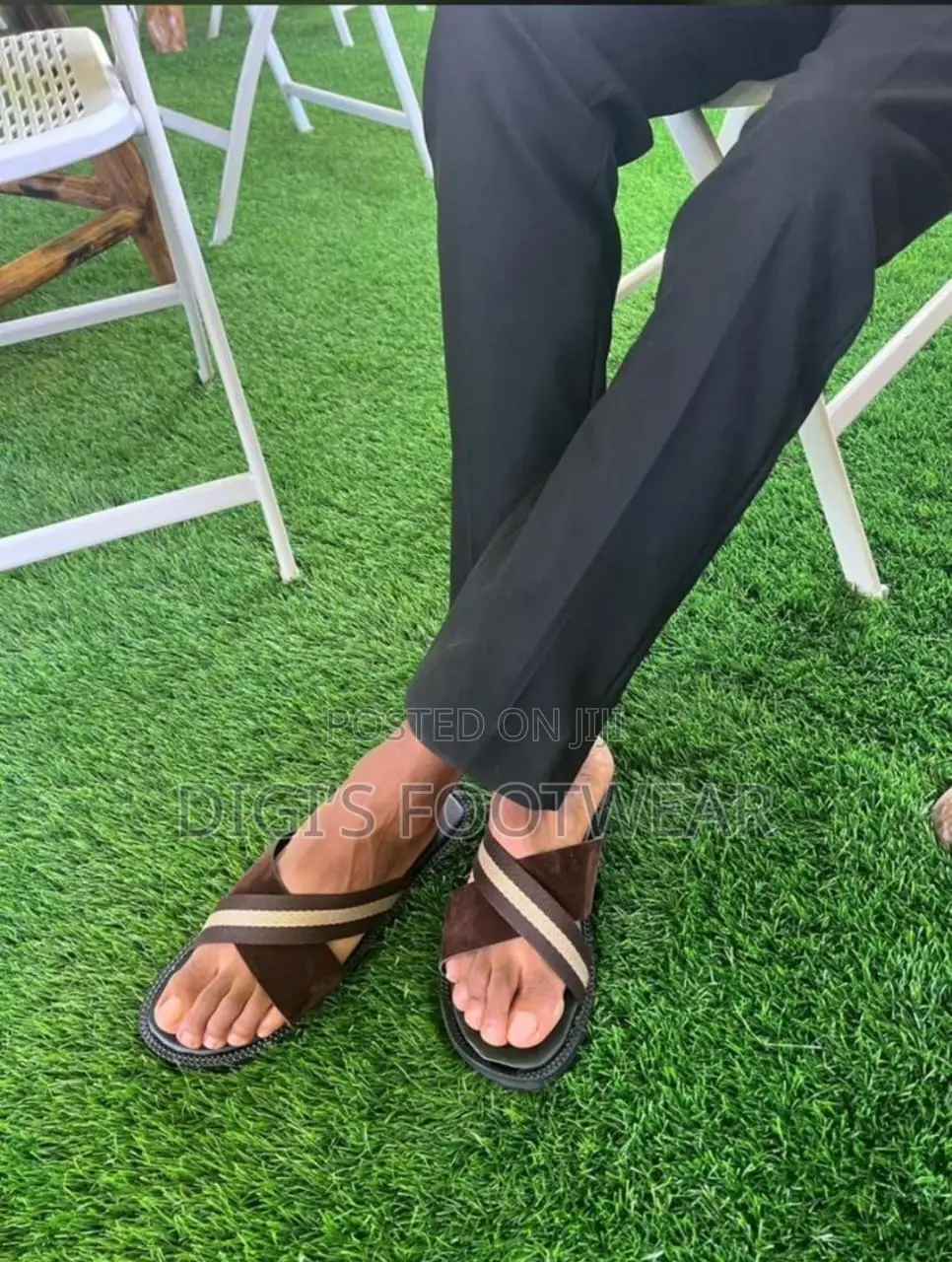 Half Dark Brown Suede Half Thread Crossed Slippers