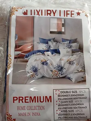 Queen Size Bedsheet With 3 Pillow Cases- Blue/Cream/Yellow