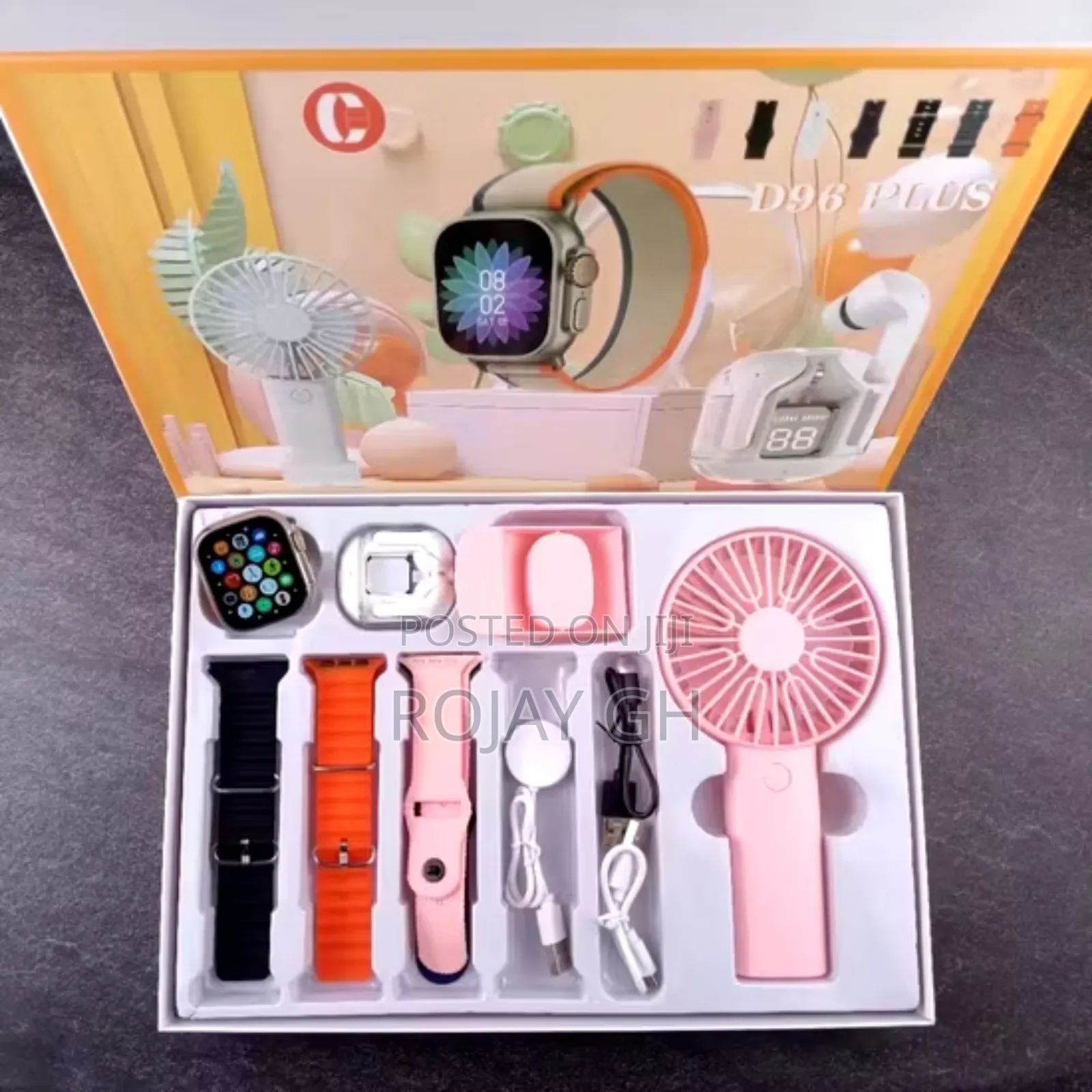 D96 Plus Smart Watch With Mini Fan, Airpod Combo Pack
- Pink