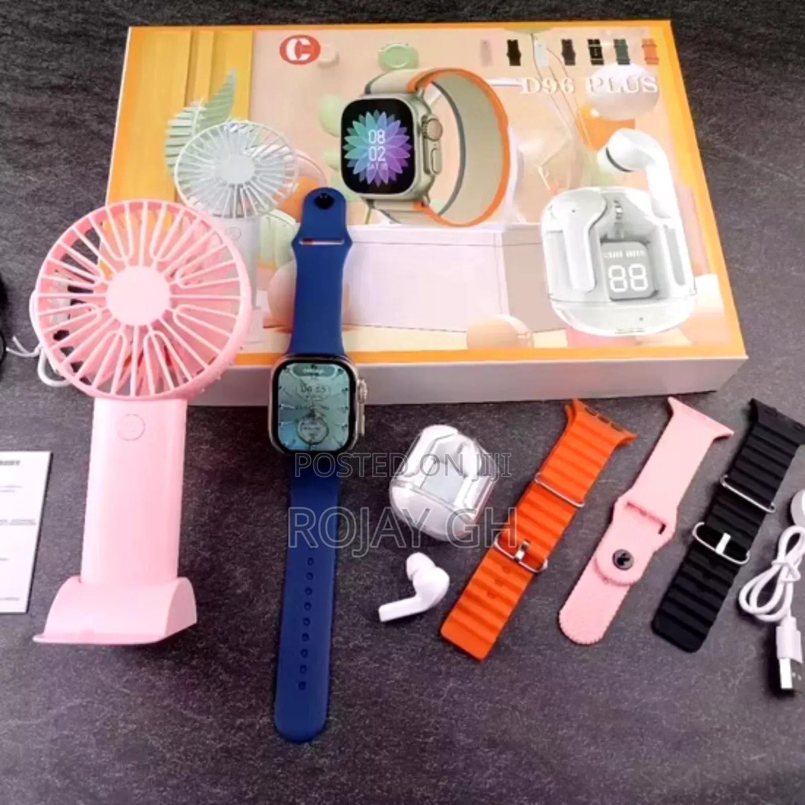 D96 Plus Smart Watch With Mini Fan, Airpod Combo Pack
- Pink