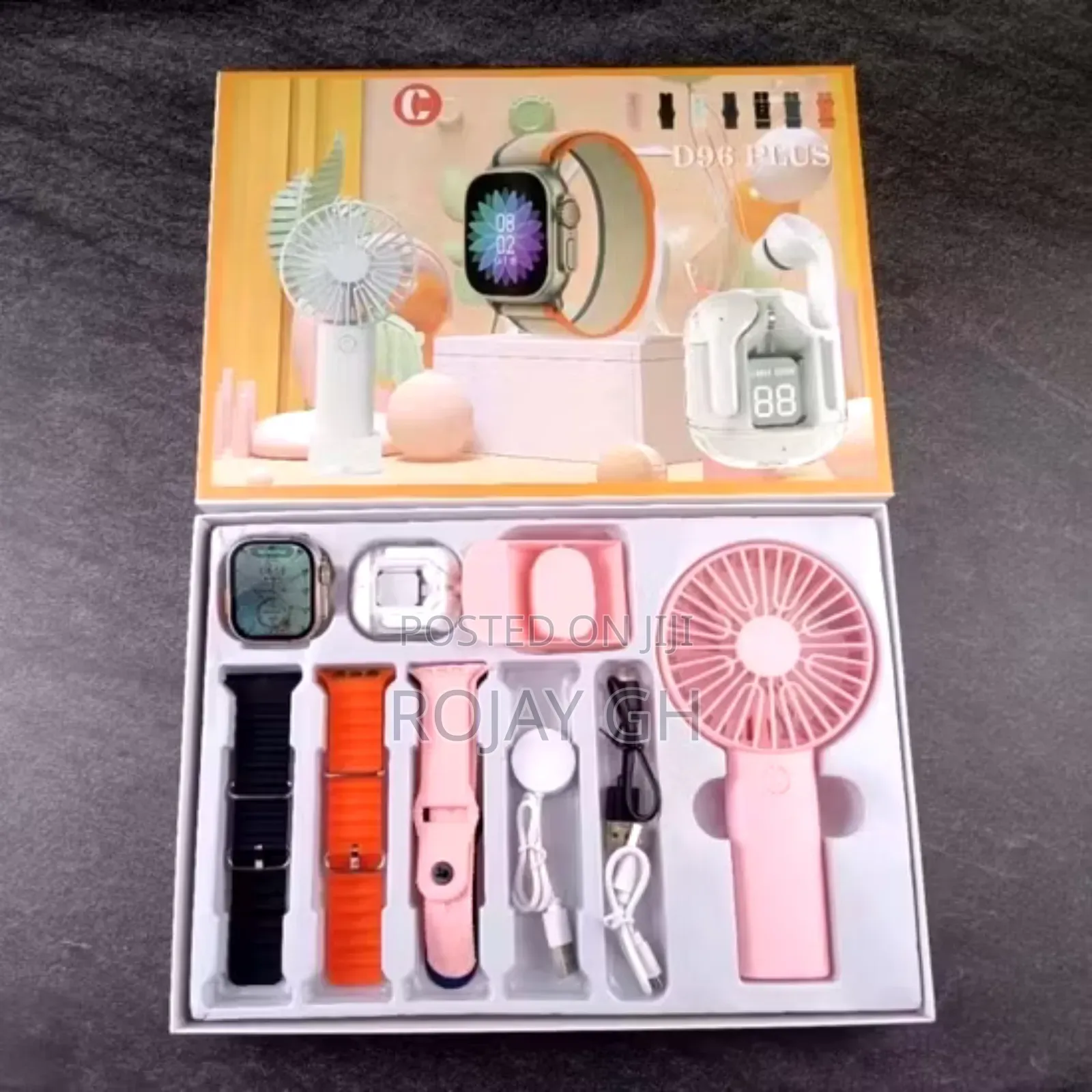 D96 Plus Smart Watch With Mini Fan, Airpod Combo Pack
- Pink