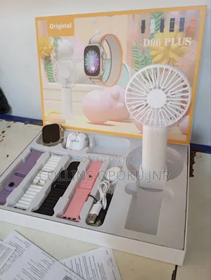 D96 Plus Smartwatch With Airdrop Hand Fan Combo - White