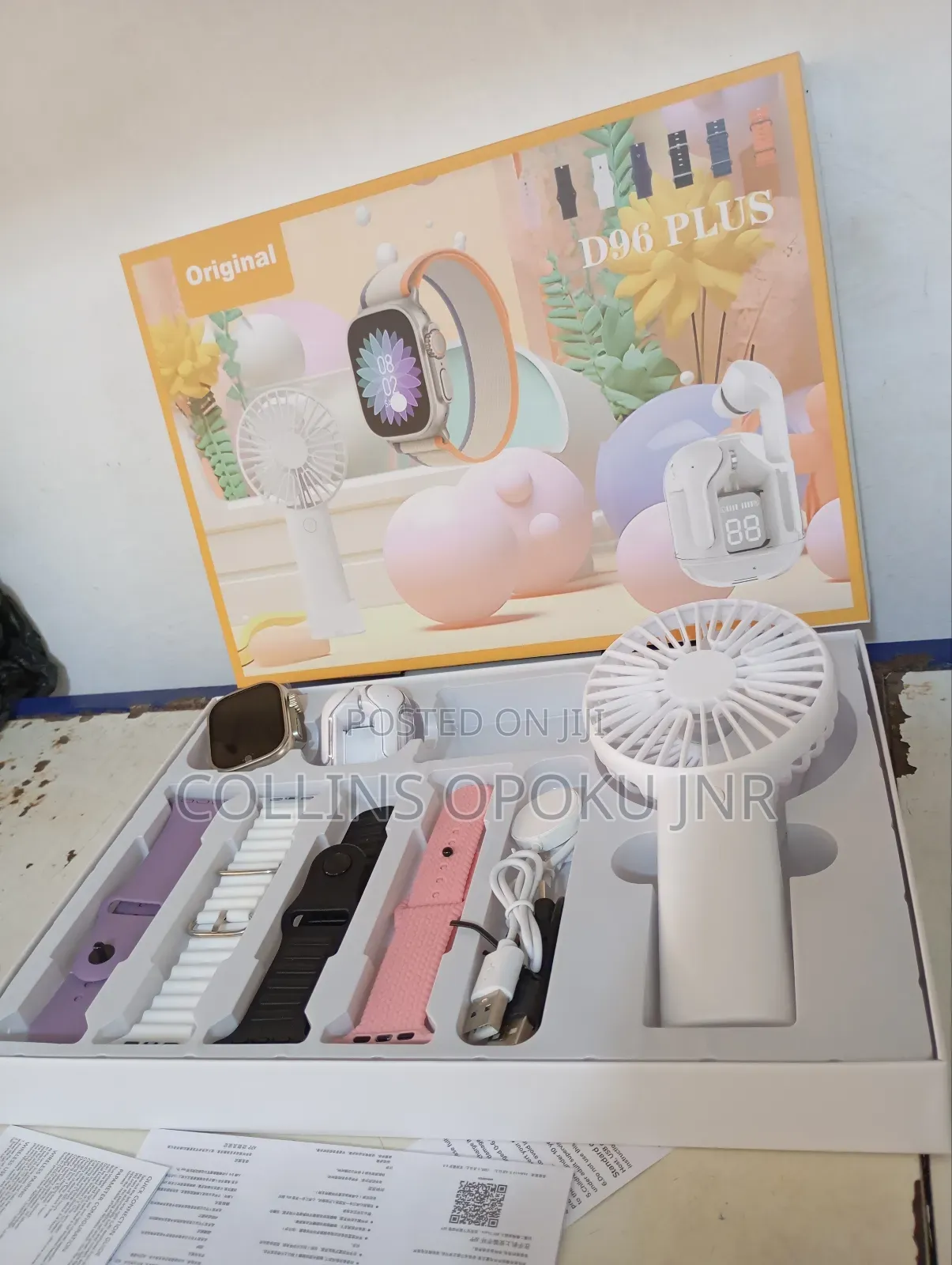 D96 Plus Smartwatch With Airdrop Hand Fan Combo - White