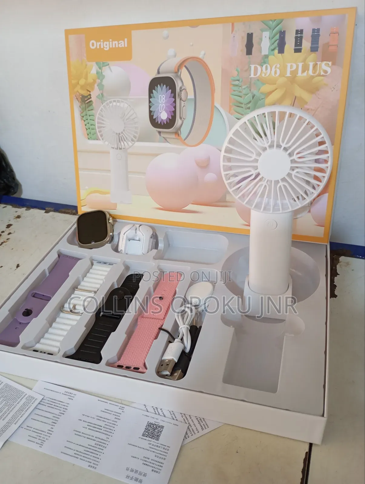 D96 Plus Smartwatch With Airdrop Hand Fan Combo - White