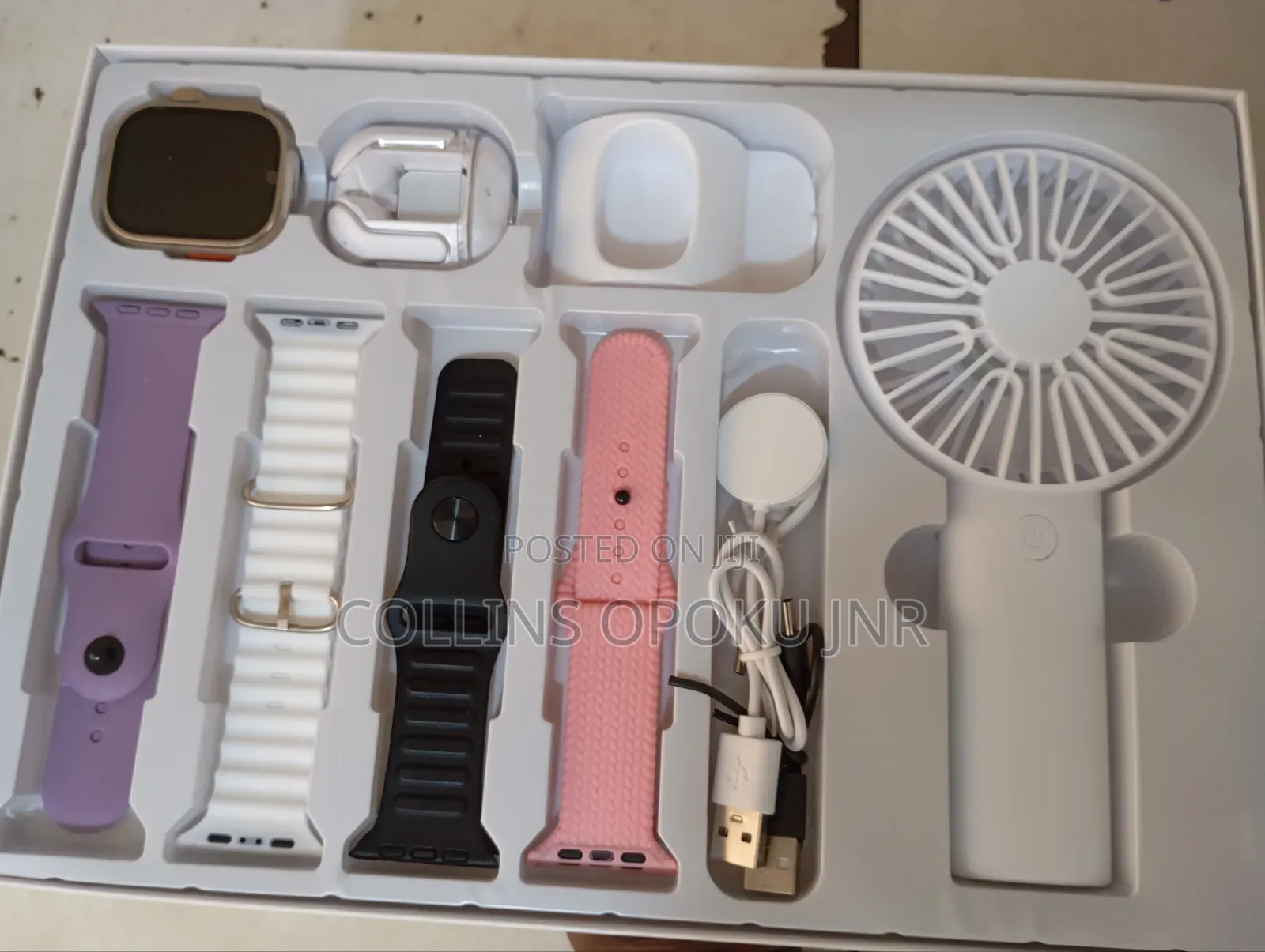D96 Plus Smartwatch With Airdrop Hand Fan Combo - White