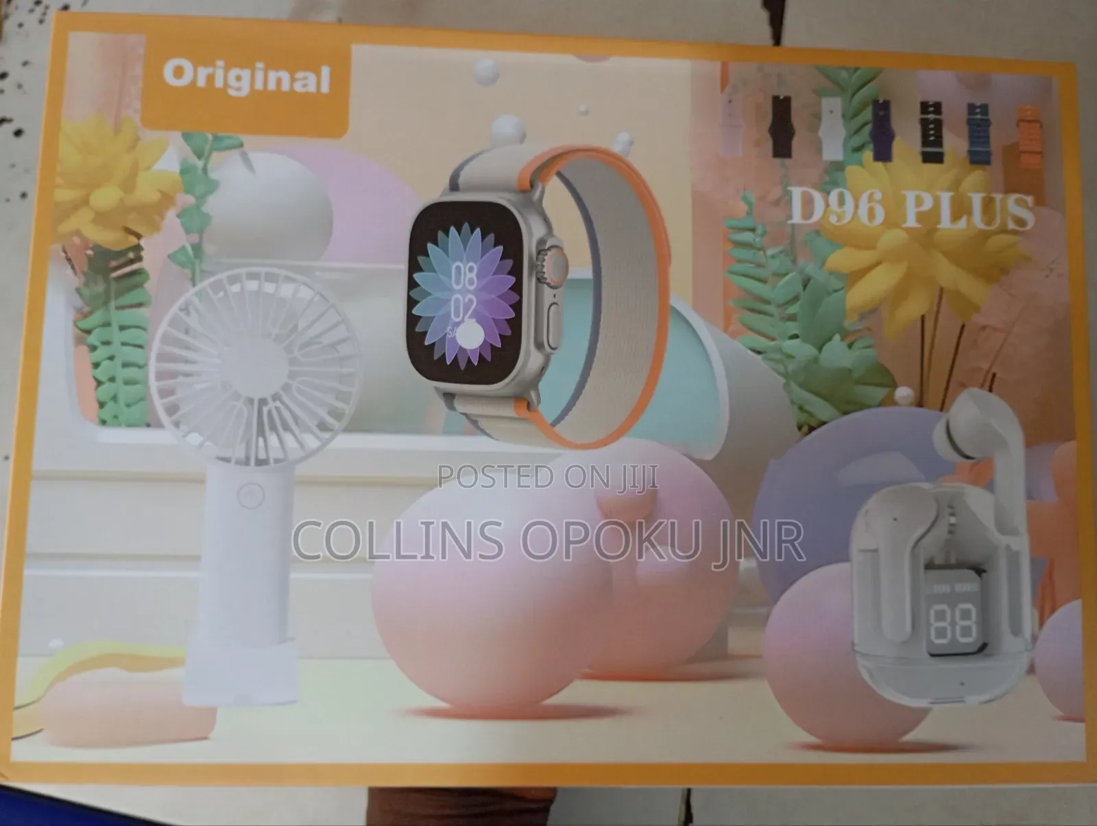 D96 Plus Smartwatch With Airdrop Hand Fan Combo - White