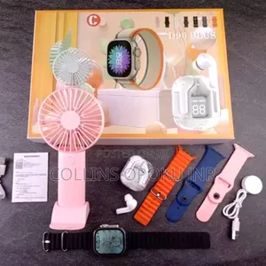 7-in-1 Ultra D96 Plus Smart Watch Earphone With 1 Fan-Pink
