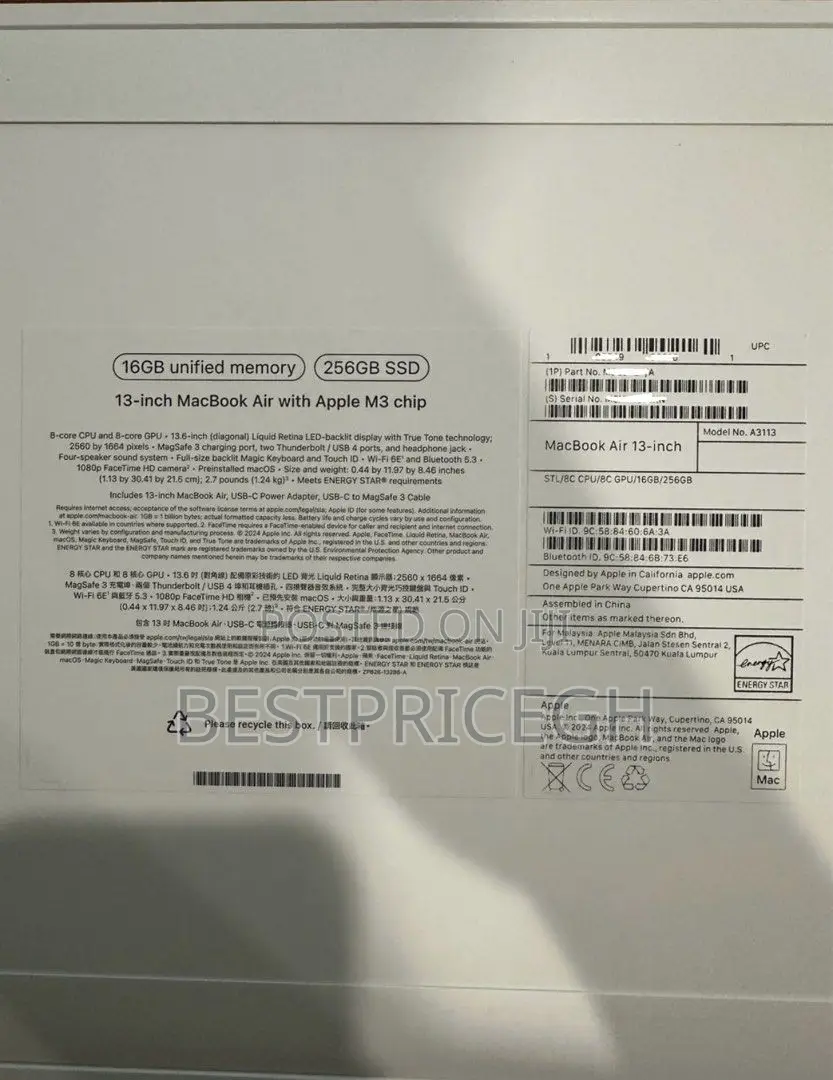 New Laptop Apple MacBook Air 2024 M3 13-Inch 16GB Apple M3 SSD 256GB