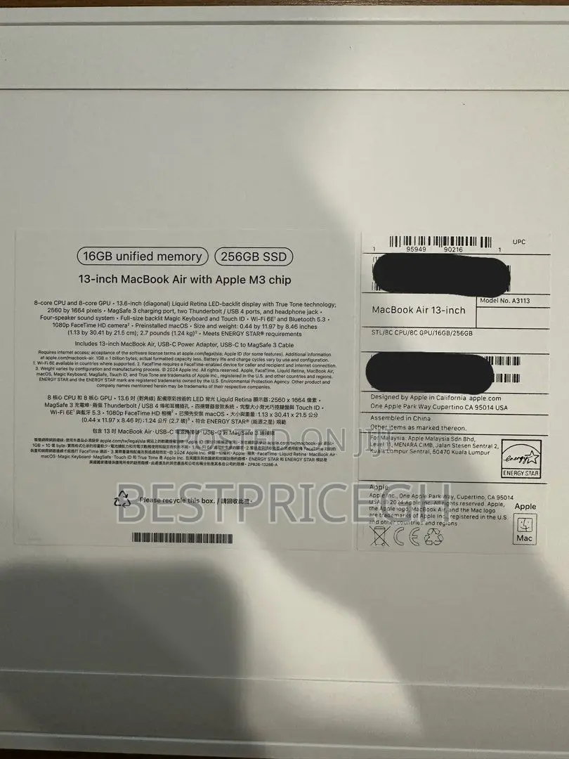 New Laptop Apple MacBook Air 2024 M3 13-Inch 16GB Apple M3 SSD 256GB