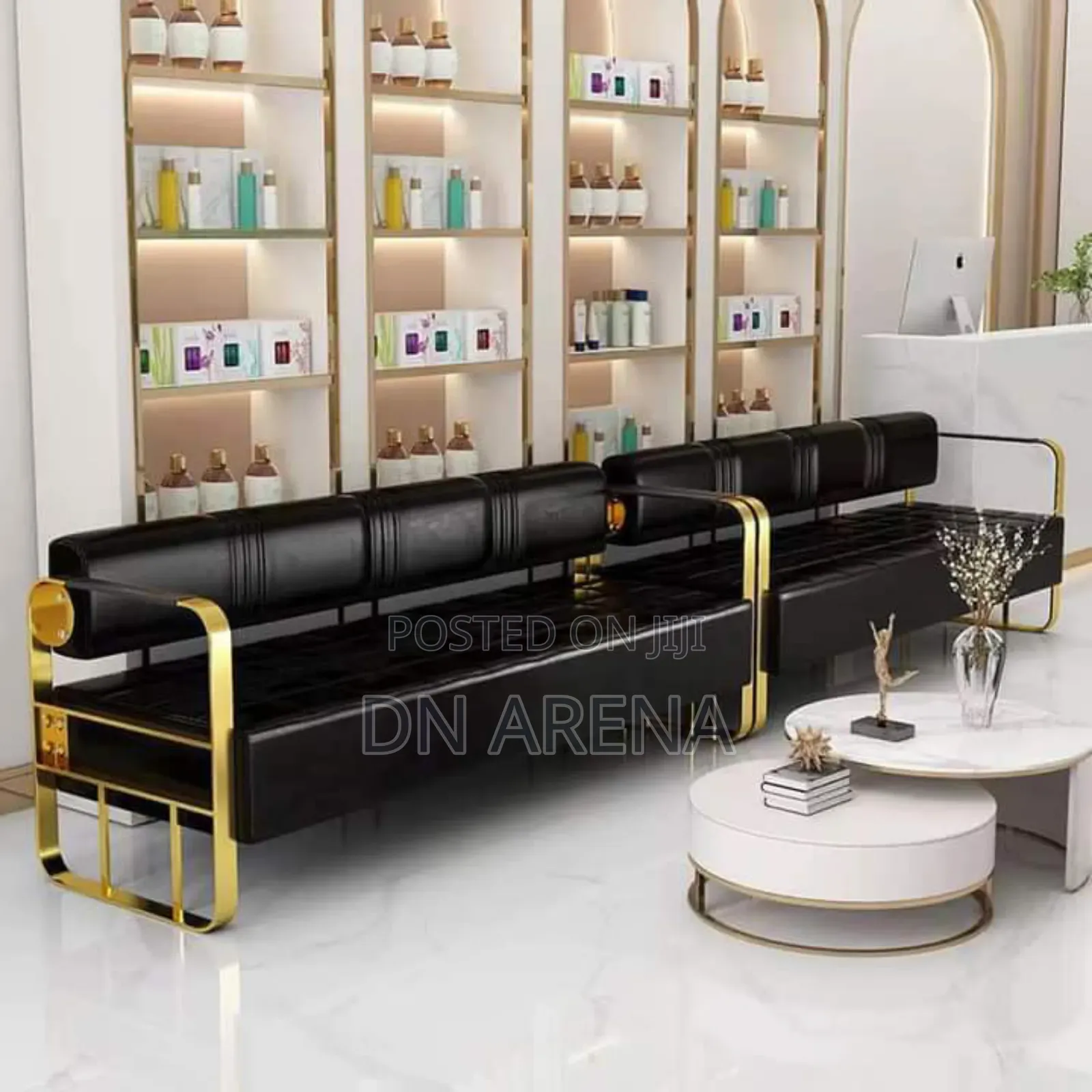 Leather Loveseat Sofa With Golden Metal Arms