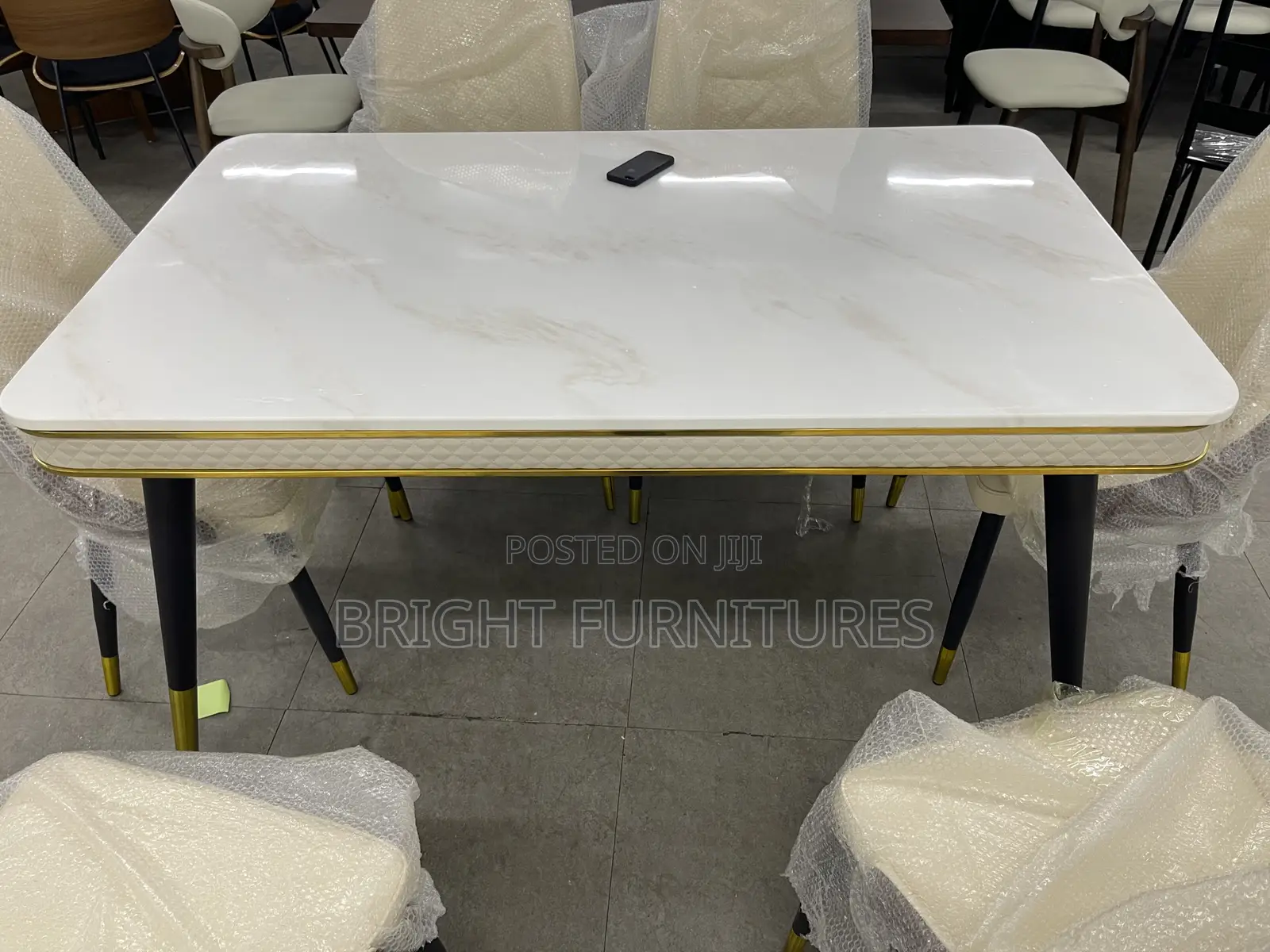 Dining Table With 6 Quality Leather Chairs and Marble Top