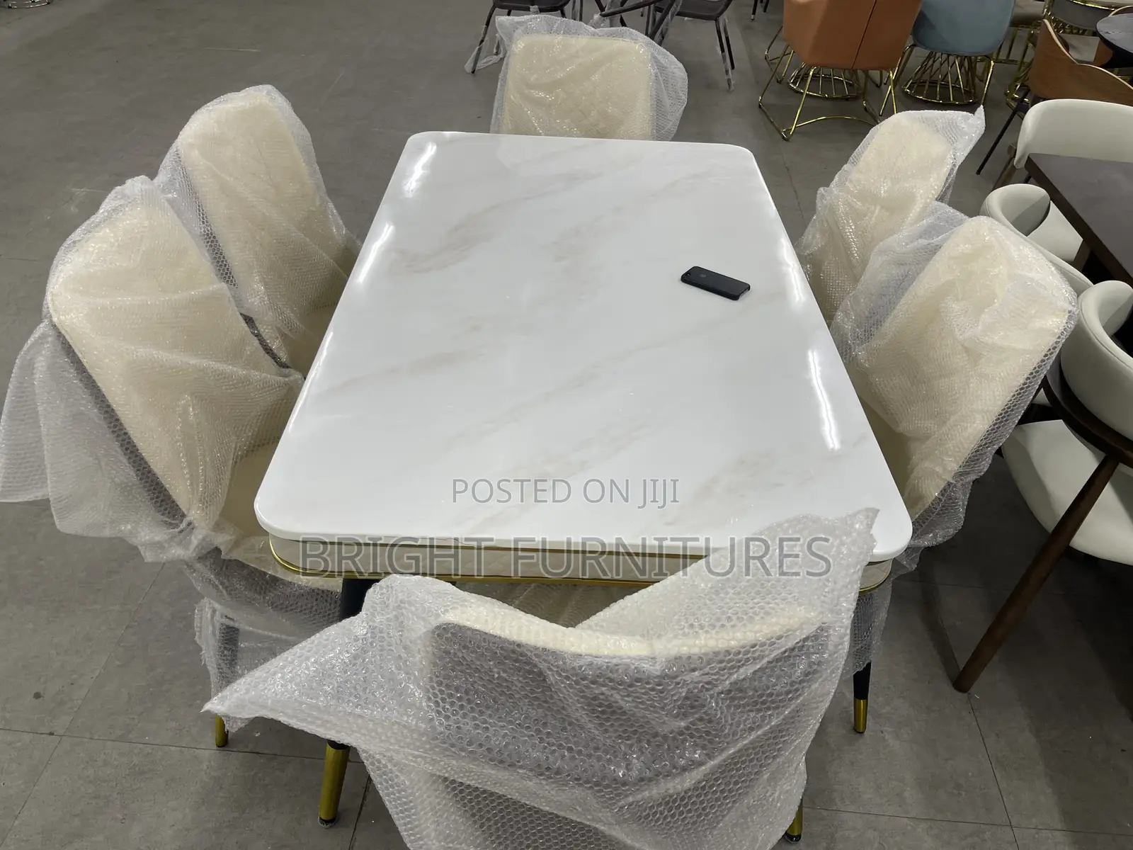 Dining Table With 6 Quality Leather Chairs and Marble Top