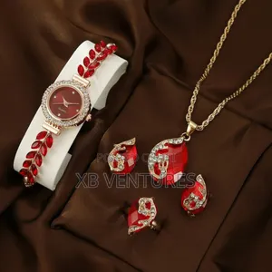 4 PCS Women Jewelry Set Rhinestone Wrist Watches - Red