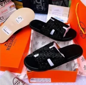 Original Hermes Black Leather With Stone's Slippers
