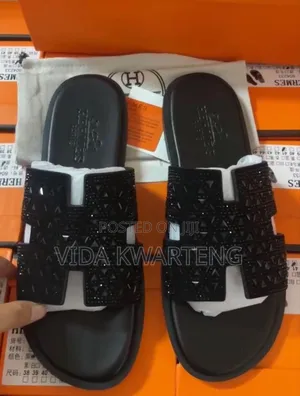 Original Hermes Black Leather With Stone's Slippers