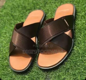 Brown Threaded Cross Leather Slippers