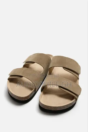 Zara Double Strap Leather Slippers Beige