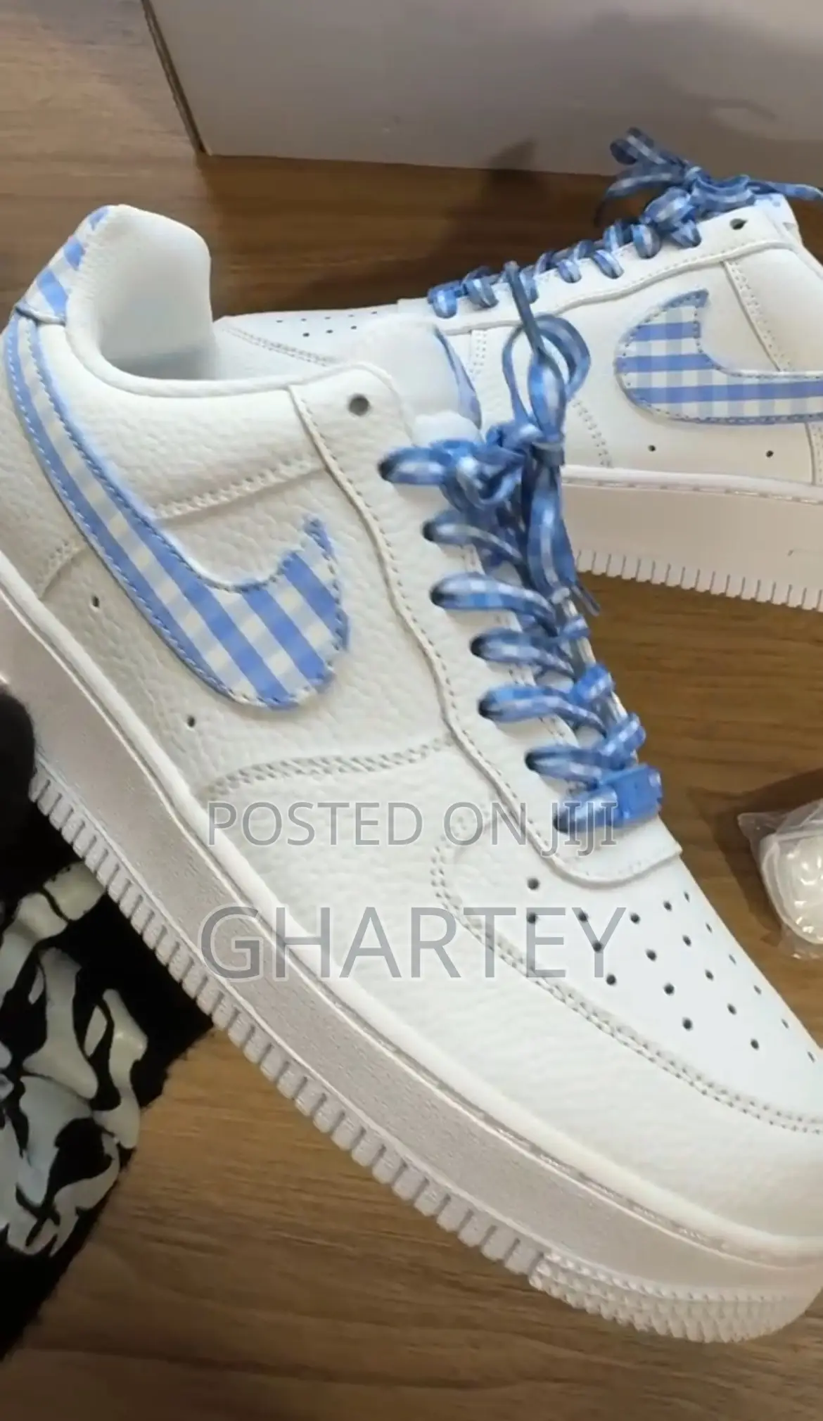 Airforce 1 All White With Blue and White Check Design