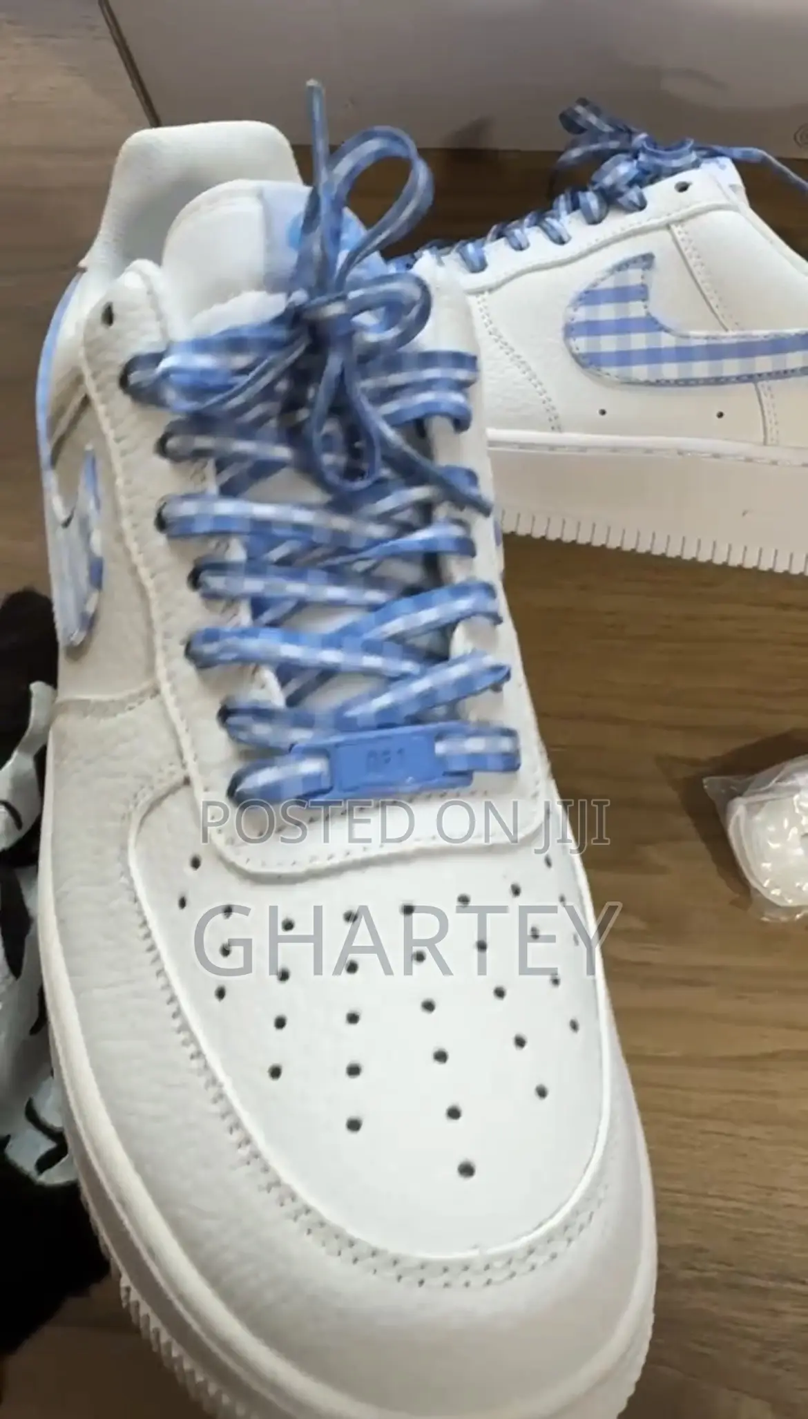 Airforce 1 All White With Blue and White Check Design